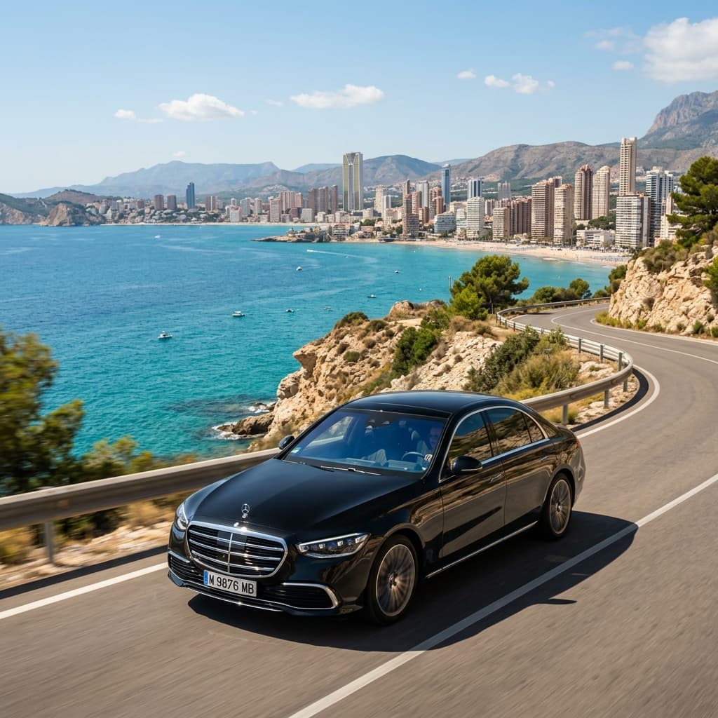 Private black Mercedes taxi driving along Costa Blanca highway to Benidorm skyline