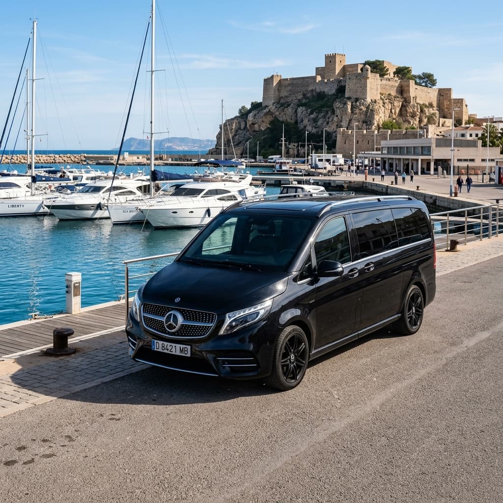 Private black Mercedes taxi arriving at Dénia Ferry Port terminal