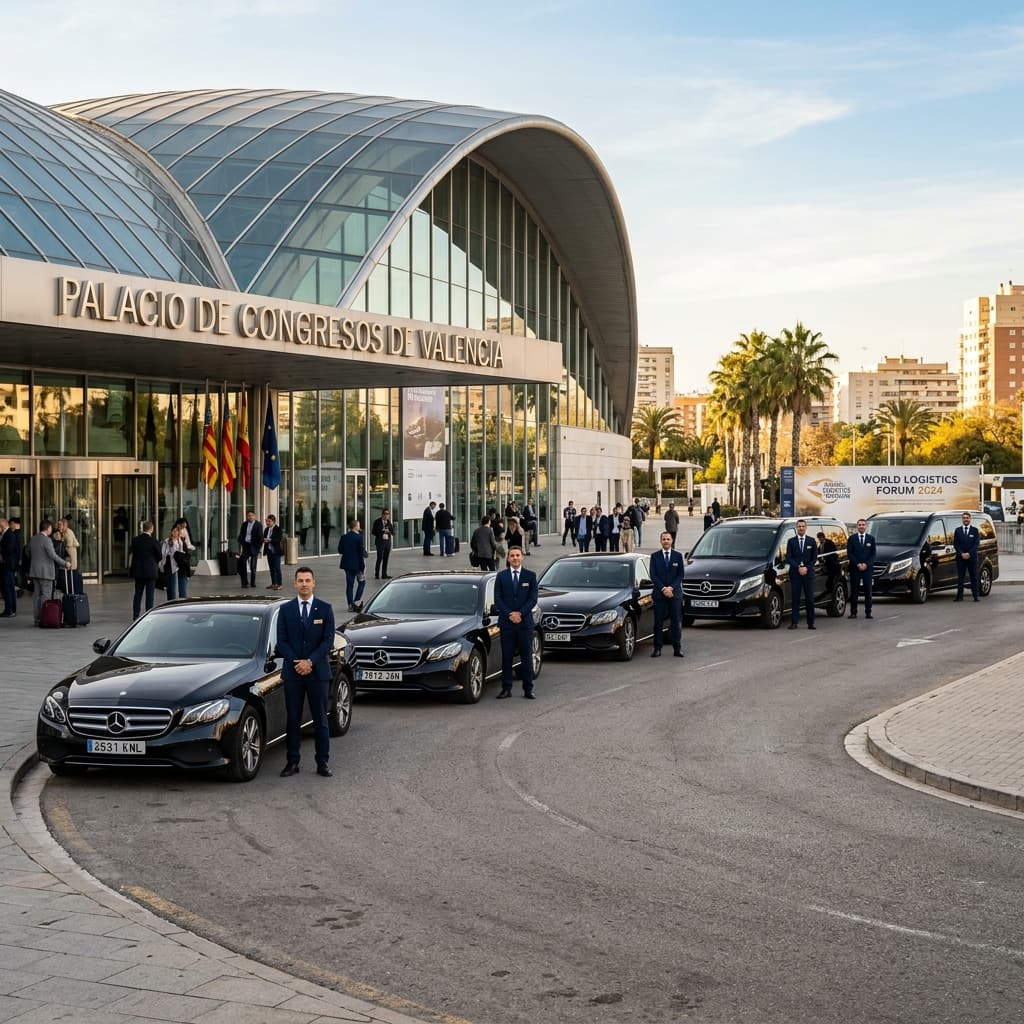 Fleet of black executive Mercedes sedans lined up outside Valencia Conference Centre