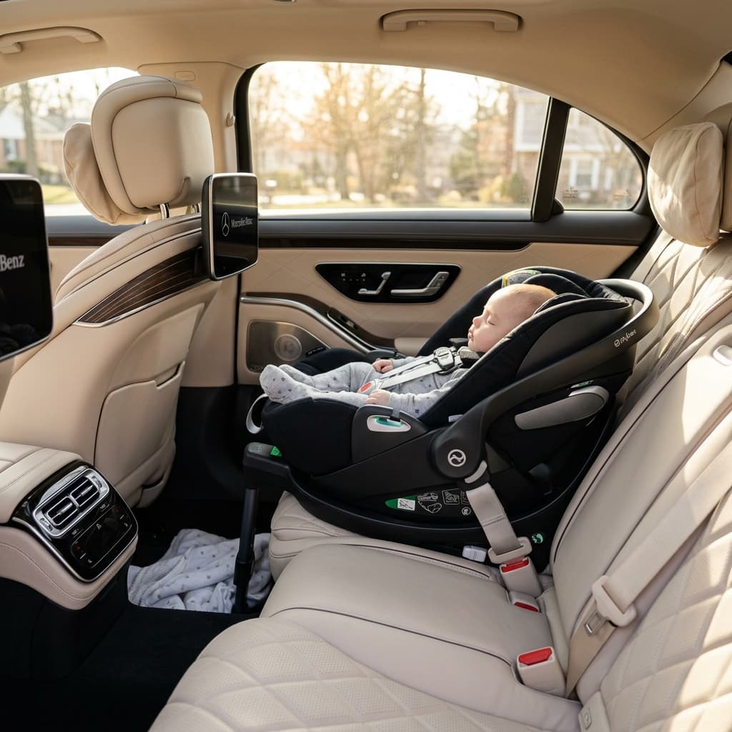 Pre-installed luxury ISOFIX infant child safety seat inside clean Mercedes taxi