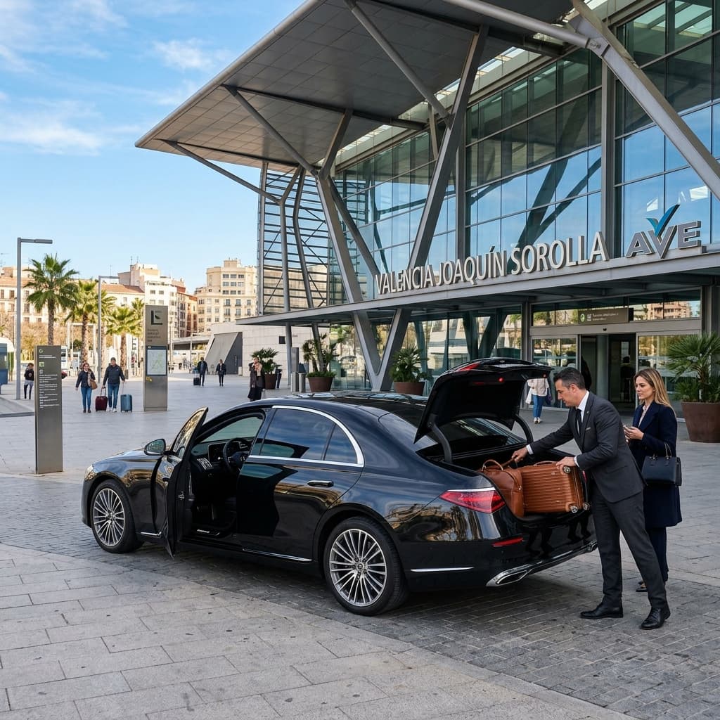 Private black Mercedes taxi parked outside Valencia Joaquin Sorolla AVE Train Station
