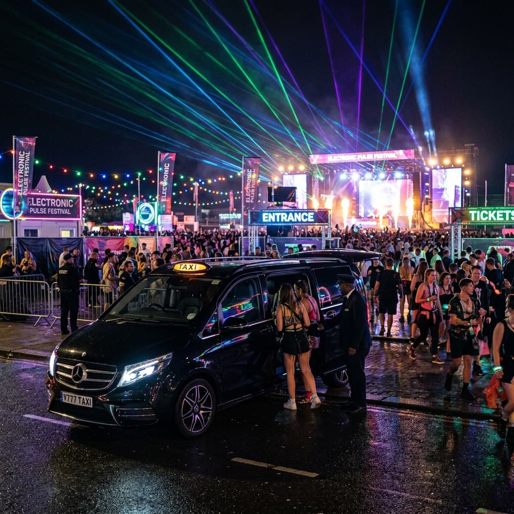 Black Mercedes 8-seater van transporting festival passengers along Valencia coast to Cullera beach