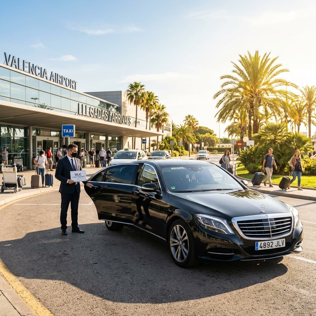 Private black Mercedes taxi transfer at Valencia Airport arrival hall