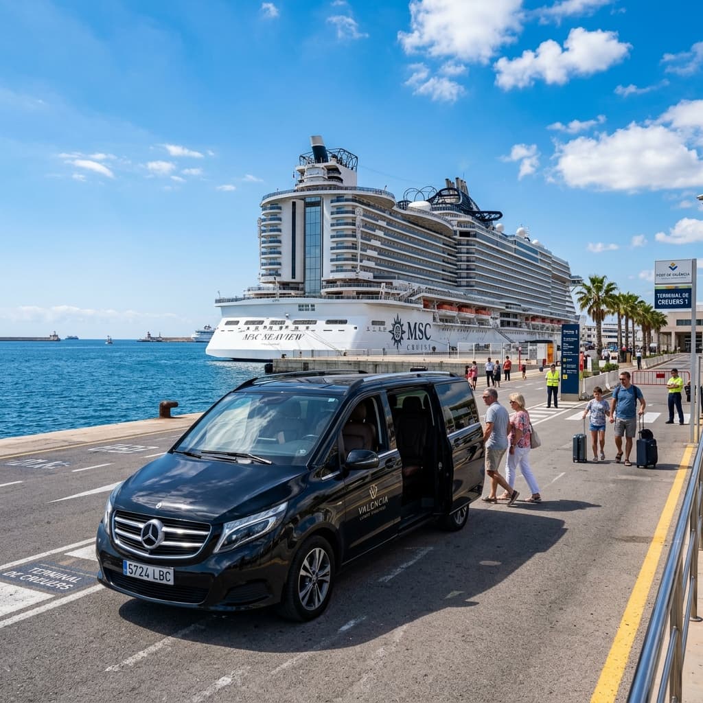 Luxurious black Mercedes V-Class van parked at Port of Valencia cruise ship terminal